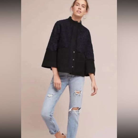 Anthropologie Sweaters - ANTHROPOLOGIE FIELD FLOWER  Black Cardigan Womens Size L Navy Laced Bell-Sleeve